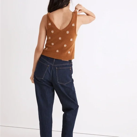 Madewell Floral-Embroidered V-Neck Sweater Tank in the color Acorn 55% Wool SZ S - Picture 2 of 7